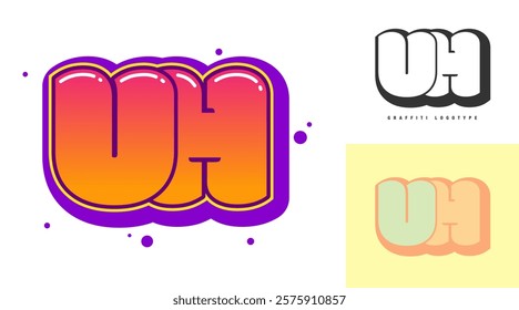 UH logo design for festival or party. Initial letter u and h in graffiti style. Creative modern lettering company name of font typography. Kids trendy logotype or identity. Vector illustration.