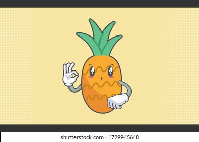 UH , OH, GASP Face Emotion. Nice Hand Gesture. Pineapple Fruit Cartoon Drawn Mascot Illustration.