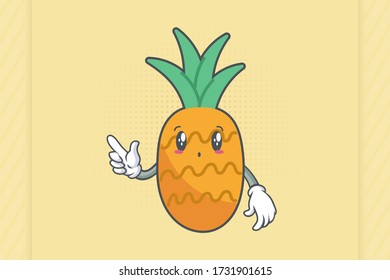UH , OH, GASP Face Emotion. forefinger pointed at Hand Gesture. Pineapple Fruit Cartoon Drawn Mascot Illustration.