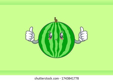 UH , OH, GASP Face Emotion. Double Thumb Up Hand Gesture. Watermelon Fruit Cartoon Drawing Mascot Illustration.