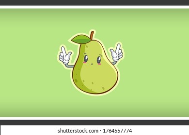 UH, OH, GASP Face Emotion. Gesto doble de la pistola del dedo delantero. Caricatura De Fruta De Pelo Verde Dibujando Ilustración De Mascota.