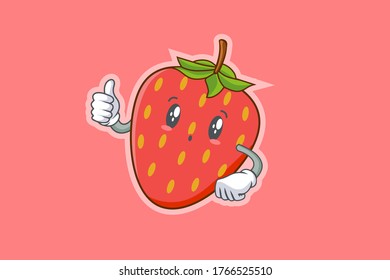 UH , OH, GASP Face Emotion. Thumb Up Hand Gesture. Red Strawberry Fruit Cartoon Drawing Mascot Illustration.