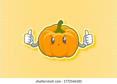 UH, OH, GASP Face Emotion. Gesto De Doble Pulgar Hacia Arriba. Ilustración de la mascota de dibujos animados de la piel de calabaza amarilla y naranja.