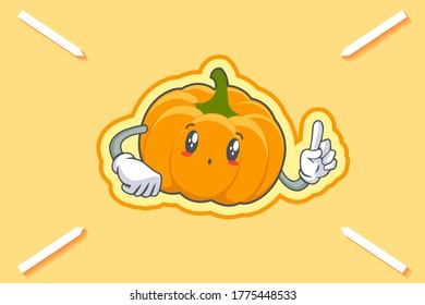 UH, OH, GASP, Keuschkopfbewegung. Forefinger Hand Gesture. Gelbe, orangefarbene Kürbis Fruchtkartoon-Zeichnung Maskottabilustration.