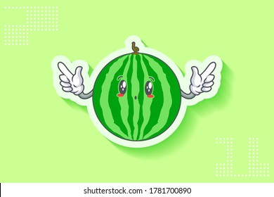 UH, OH, GASP, Keuschkopfbewegung. Double Forefinger Handgun Gesture. Watermelon Fruit Cartoon Zeichnen Maskottabilustration.
