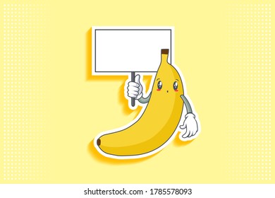 UH , OH, GASP Face Emotion. Holding Whiteboard Handgun Gesture. Banana Fruit Cartoon Drawing Mascot Illustration.