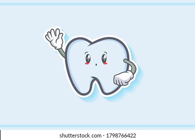 UH , OH, GASP Face Emotion. Waving Hand Gesture. Tooth Cartoon Drawing Mascot Illustration.