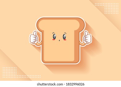 UH , OH, GASP Face Emotion. Double Thumb up hand Gesture. Bread Food Cartoon Drawing Mascot Illustration.