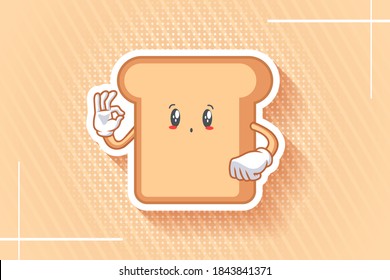 UH , OH, GASP Face Emotion. Nice Hand Gesture. Bread Food Cartoon Drawing Mascot Illustration.