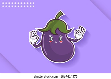 UH , OH, GASP Face Emotion. Double Nice Hand Gesture. Eggplant vegetable Cartoon Drawing Mascot Illustration.