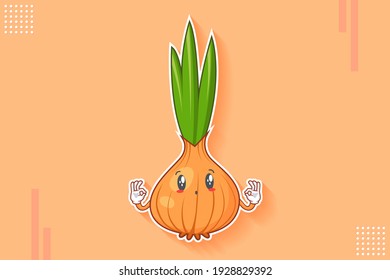 UH , OH, GASP Face Emotion. Double Nice Finger Hand Gesture. White Onion, Garlic Vegetable Character Cartoon Drawing Mascot Illustration.