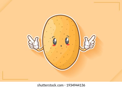 UH , OH, GASP Face Emotion. Double ForeFinger Handgun Gesture. Potato Vegetable Character Cartoon Drawing Mascot Illustration.