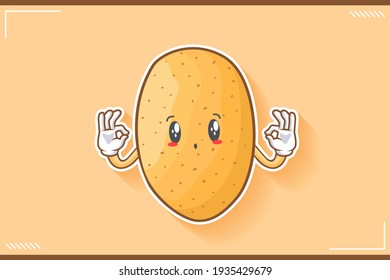 UH , OH, GASP Face Emotion. Double Nice Hand Gesture. Potato Vegetable Character Cartoon Drawing Mascot Illustration.