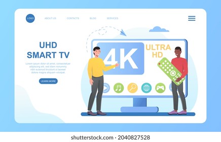 UHD smart TV. Very large screen, many functions, modern television. ultra high definition, 4k 8k display technology concept. Landing page. Cartoon flat vector illustration isolated on white background