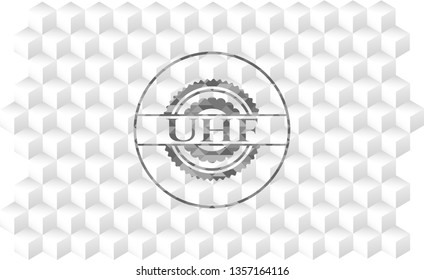 UHF grey badge with geometric cube white background