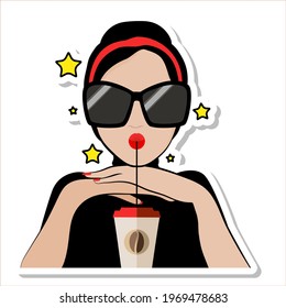 Uhh! Cartoon beautiful brunette woman in sunglasses holding a coffee glass, cool, stylish and independent girl is skeptical.