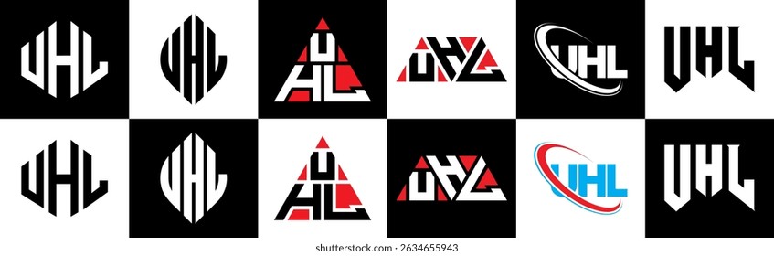 UHL letter logo design in six style. UHL polygon, circle, triangle, hexagon, flat and simple style with black and white color variation letter logo set in one artboard. UHL minimalist and classic logo