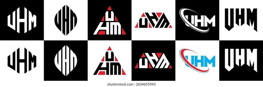 UHM letter logo design in six style. UHM polygon, circle, triangle, hexagon, flat and simple style with black and white color variation letter logo set in one artboard. UHM minimalist and classic logo
