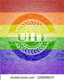 UHT emblem on mosaic background with the colors of the LGBT flag