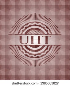 UHT red seamless badge with geometric background.