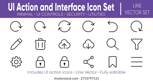 Conjunto de iconos de línea de interfaz y acción de interfaz para App, Web y paneles