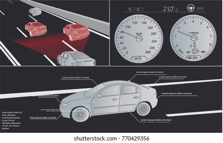 UI. Autonomous smart car goes on the road in traffic. Scans the road, observe the distance. Future concept. The dashboard of a car
