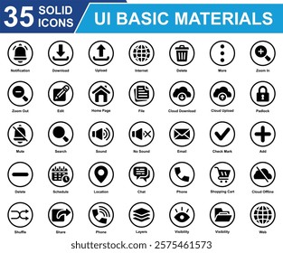 UI Basic Materials Icon Set Collection. Containing Notification, Download, Phone, Upload, Delete, Zoom In, Edit, Padlock, Email, Check Mark, Schedule, Add, Mute. Simple Solid Vector Illustration.