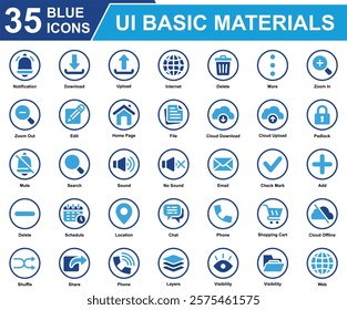 UI Basic Materials Icon Set Collection. Containing Notification, Download, Phone, Upload, Delete, Zoom In, Edit, Padlock, Email, Check Mark, Schedule, Add, Mute. Simple Blue Vector Illustration.