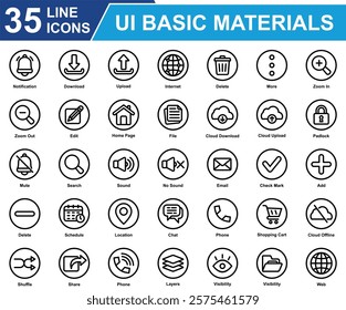 UI Basic Materials Icon Set Collection. Containing Notification, Download, Phone, Upload, Delete, Zoom In, Edit, Padlock, Email, Check Mark, Schedule, Add, Mute. Simple Line Vector Illustration.