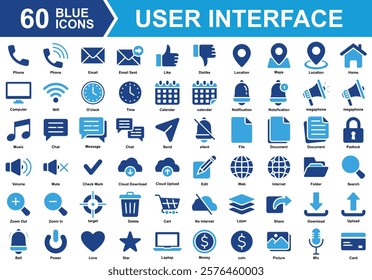 UI Basic Materials Icon Set Collection. Containing phone, email, like, location, notification, love, star, web, calendar, delete, power, chat, megaphone, document. Simple Blue Vector Illustration.