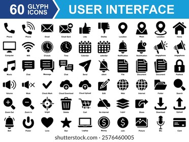 UI Basic Materials Icon Set Collection. Containing phone, email, like, location, notification, love, star, web, calendar, delete, power, chat, megaphone, document. Simple Glyph Vector Illustration.