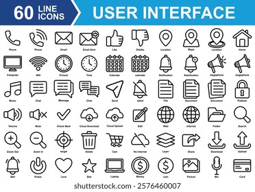 UI Basic Materials Icon Set Collection. Containing phone, email, like, location, notification, love, star, web, calendar, delete, power, chat, megaphone, document. Simple Line Vector Illustration.