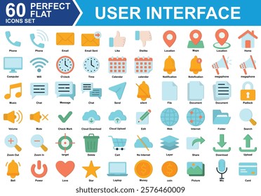 UI Basic Materials Icon Set Collection. Containing phone, email, like, location, notification, love, web, calendar, delete, power, chat, megaphone, document. Simple Perfect Flat Vector Illustration.