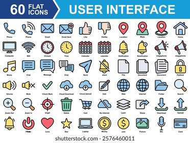 UI Basic Materials Icon Set Collection. Containing phone, email, like, location, notification, love, star, web, calendar, delete, power, chat, megaphone, document. Simple Flat Vector Illustration.