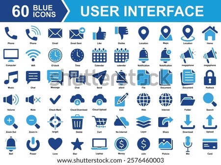 UI Basic Materials Icon Set Collection. Containing phone, email, like, location, notification, love, star, web, calendar, delete, power, chat, megaphone, document. Simple Blue Vector Illustration.