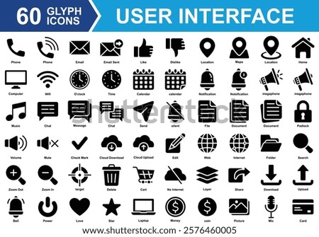 UI Basic Materials Icon Set Collection. Containing phone, email, like, location, notification, love, star, web, calendar, delete, power, chat, megaphone, document. Simple Glyph Vector Illustration.