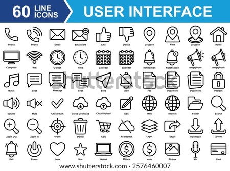 UI Basic Materials Icon Set Collection. Containing phone, email, like, location, notification, love, star, web, calendar, delete, power, chat, megaphone, document. Simple Line Vector Illustration.