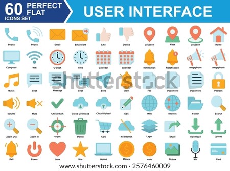 UI Basic Materials Icon Set Collection. Containing phone, email, like, location, notification, love, web, calendar, delete, power, chat, megaphone, document. Simple Perfect Flat Vector Illustration.