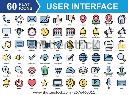 UI Basic Materials Icon Set Collection. Containing phone, email, like, location, notification, love, star, web, calendar, delete, power, chat, megaphone, document. Simple Flat Vector Illustration.