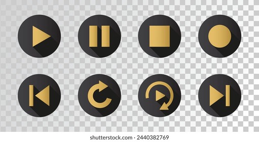 UI button icon play, pause, repeat, previous, next. Set of play symbols with shadow in flat style isolated on transparent background