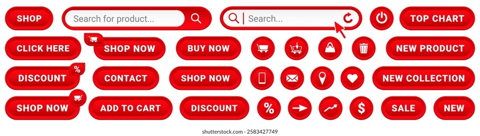 UI button icon set for online shop or store shopping user interface. Buy now, click here, add to cart, search bar etc