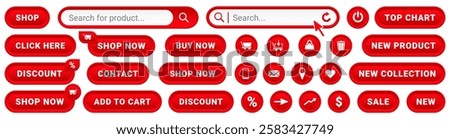 UI button icon set for online shop or store shopping user interface. Buy now, click here, add to cart, search bar etc