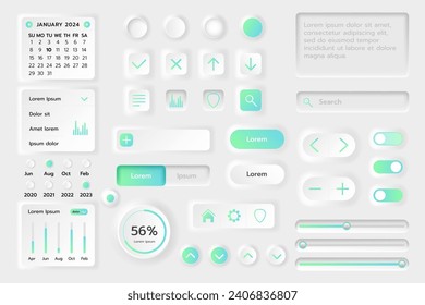 UI button. Kit Neomorphic app isolated elements, calendar UX objects, mobile web interface, template application, different icon, screen with buttons, tools and diagrams, dashboard for GUI vector menu