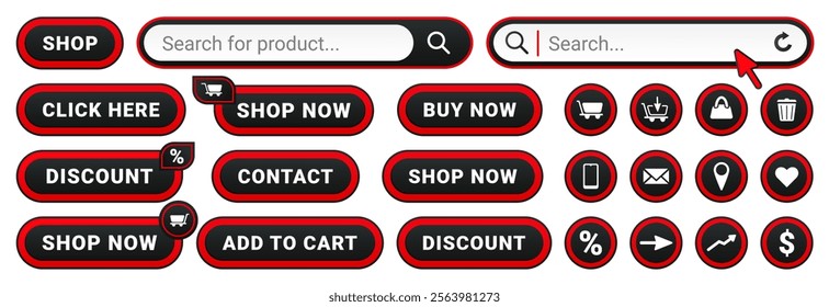 UI button set for online shop or store shopping user interface icons. Buy now, click here, add to cart etc.