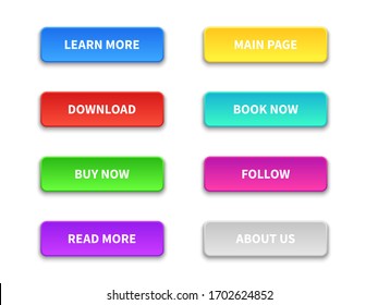 Ui buttons. Colored trendy flat button. Buy, now and learn, more. Download and read, more. Pointer navigation vector gradients elements
