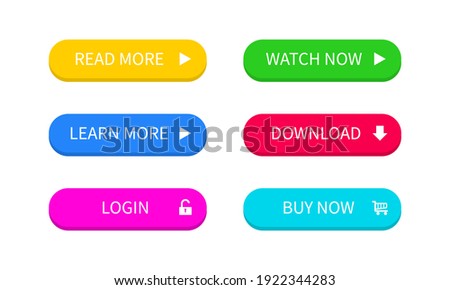 Ui buttons. Colored trendy flat button. Buy, now and learn, more. Download and read, more. Vector EPS 10