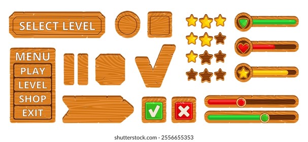 Ui buttons icons. Wooden panels different shapes, progress, loading bars, sliders, game menu options, interface elements, game interface, navigation board and pointer, nowaday vector set