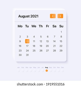 UI Calendar concept for August month. Mobile and web interface. Widget with neumorphism design. Vector illustration