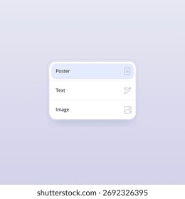 Interface de seleção de conteúdo de cartão de interface do usuário para geração de pôster, texto e imagem em fluxos de trabalho criativos modulares. Geração de conteúdo, interação com o usuário e ferramentas de design voltadas para a produtividade.