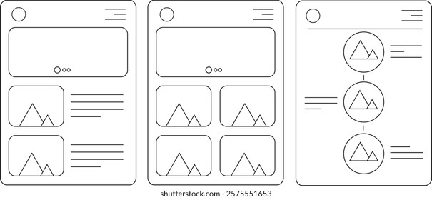 UI card design, mockup, Draft sketch drawing template layout framework wireframe. User experience concept.